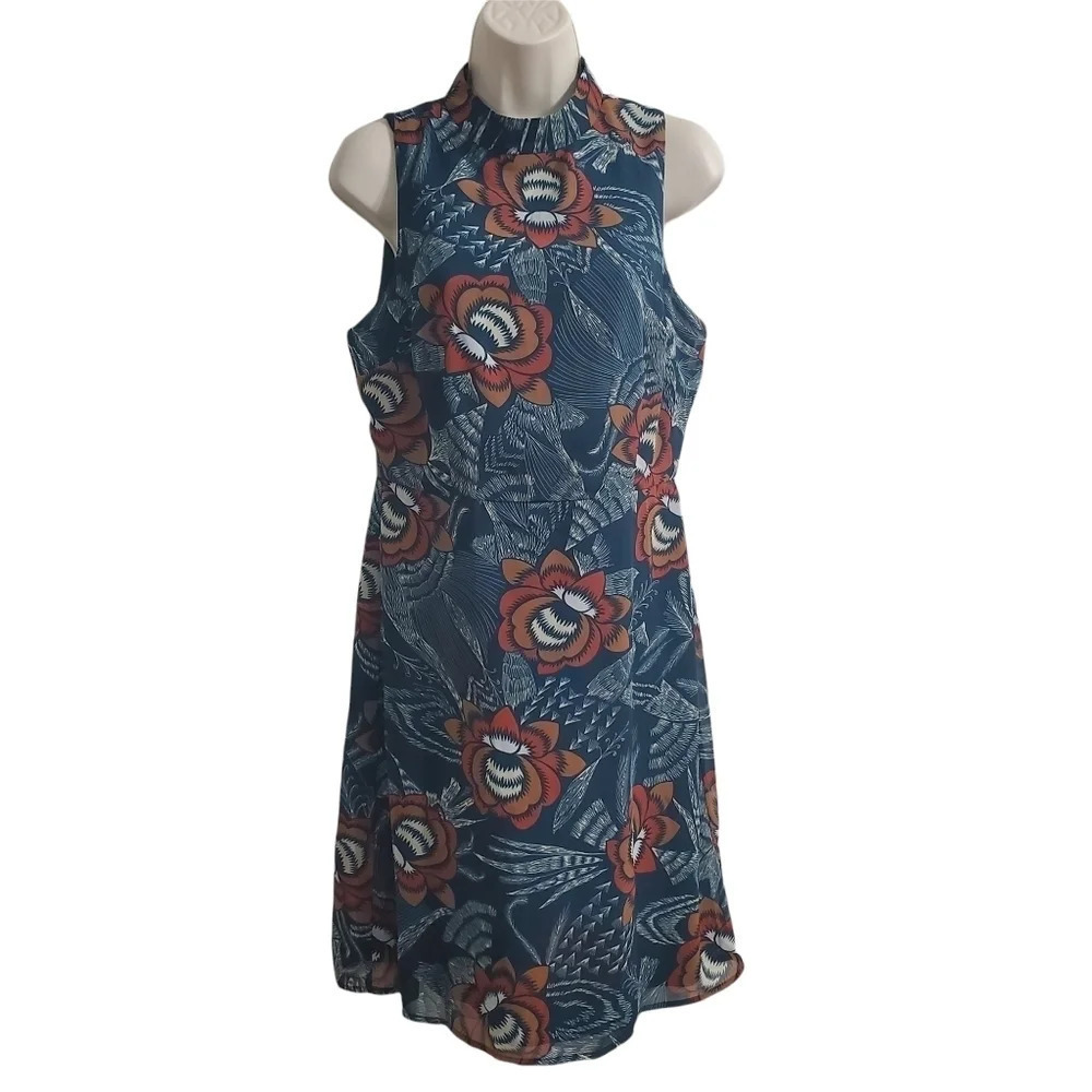 AAKAA Blue Sleeveless High Neck Floral Dress Size M
